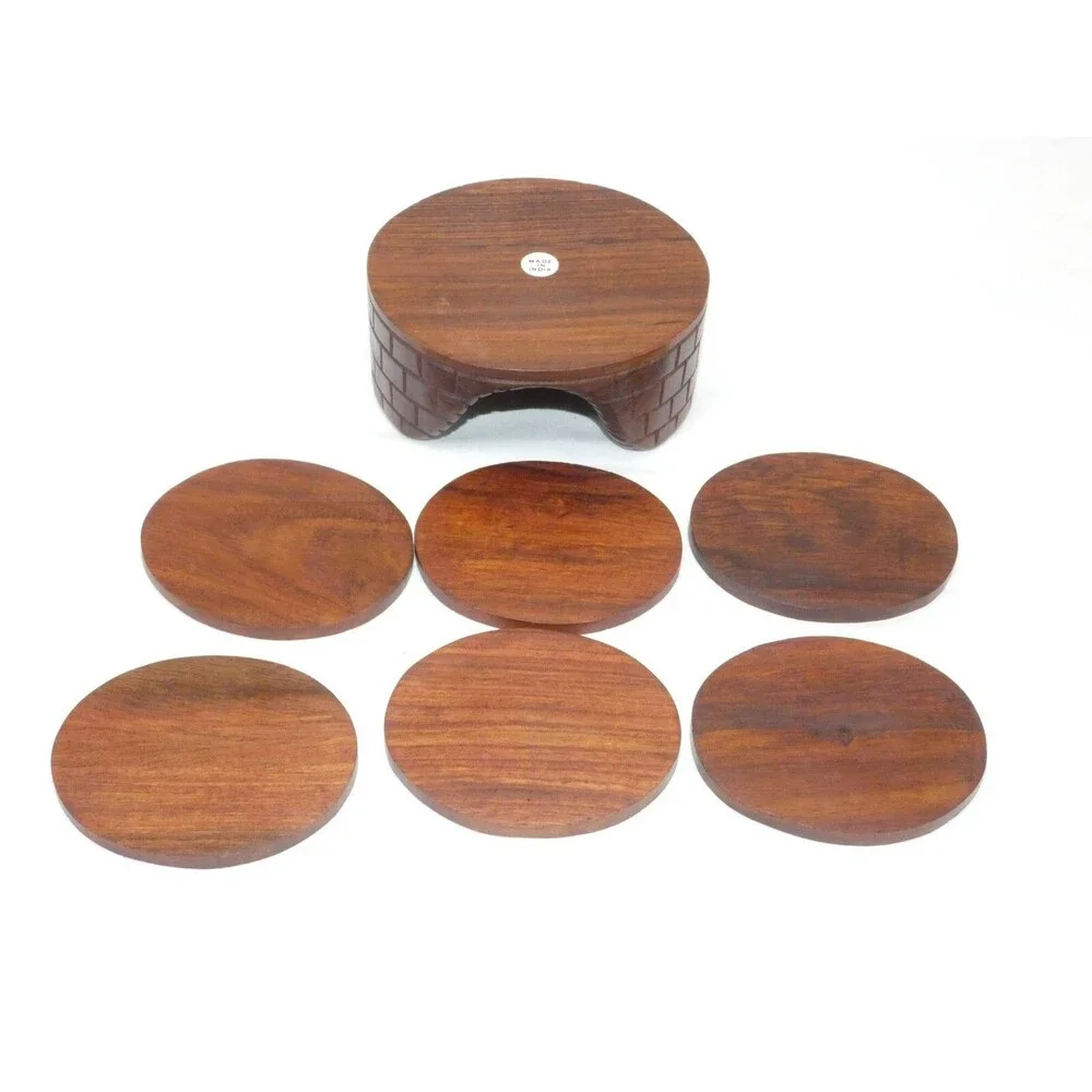 Wood Coasters Cat Kitten Set of 6 Stackable Cat Bed Holder - Carved Decor India